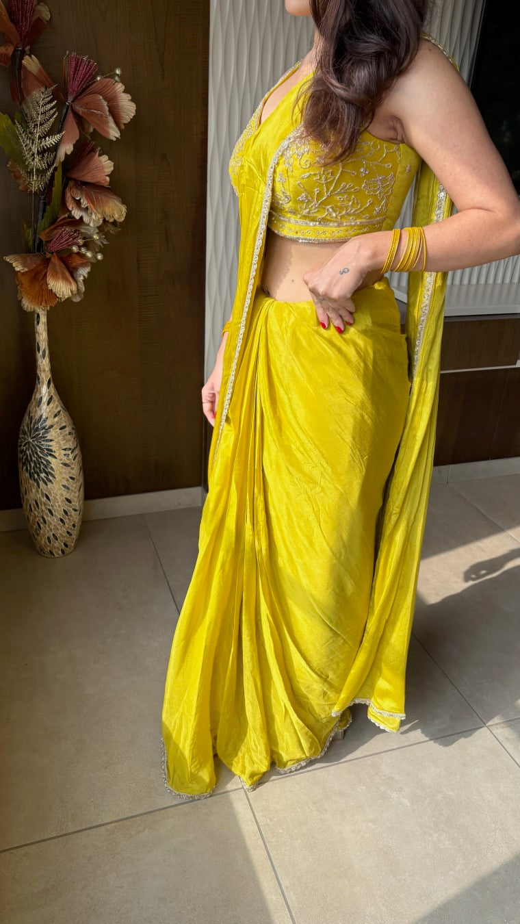 Yellow ready to Wear Saree with Hand embroidered Designer Blouse | Slim Border Saree
