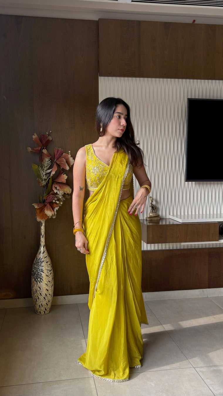Yellow ready to Wear Saree with Hand embroidered Designer Blouse | Slim Border Saree