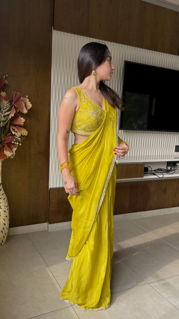 Yellow ready to Wear Saree with Hand embroidered Designer Blouse | Slim Border Saree
