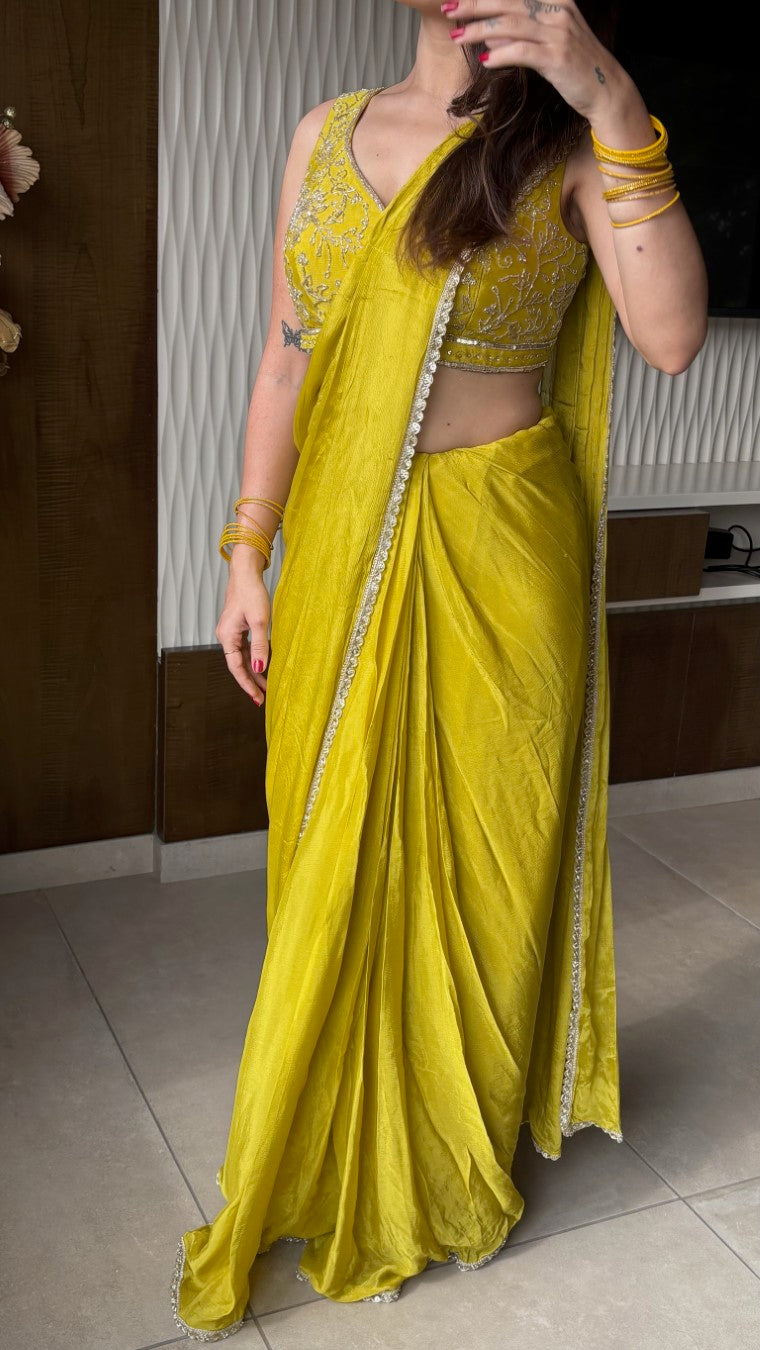 Yellow ready to Wear Saree with Hand embroidered Designer Blouse | Slim Border Saree