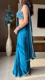 Blue ready to Wear Saree with Hand embroidered Designer Blouse | Slim Border Saree