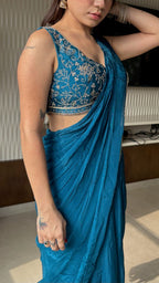 Blue ready to Wear Saree with Hand embroidered Designer Blouse | Slim Border Saree