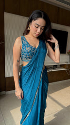 Blue ready to Wear Saree with Hand embroidered Designer Blouse | Slim Border Saree