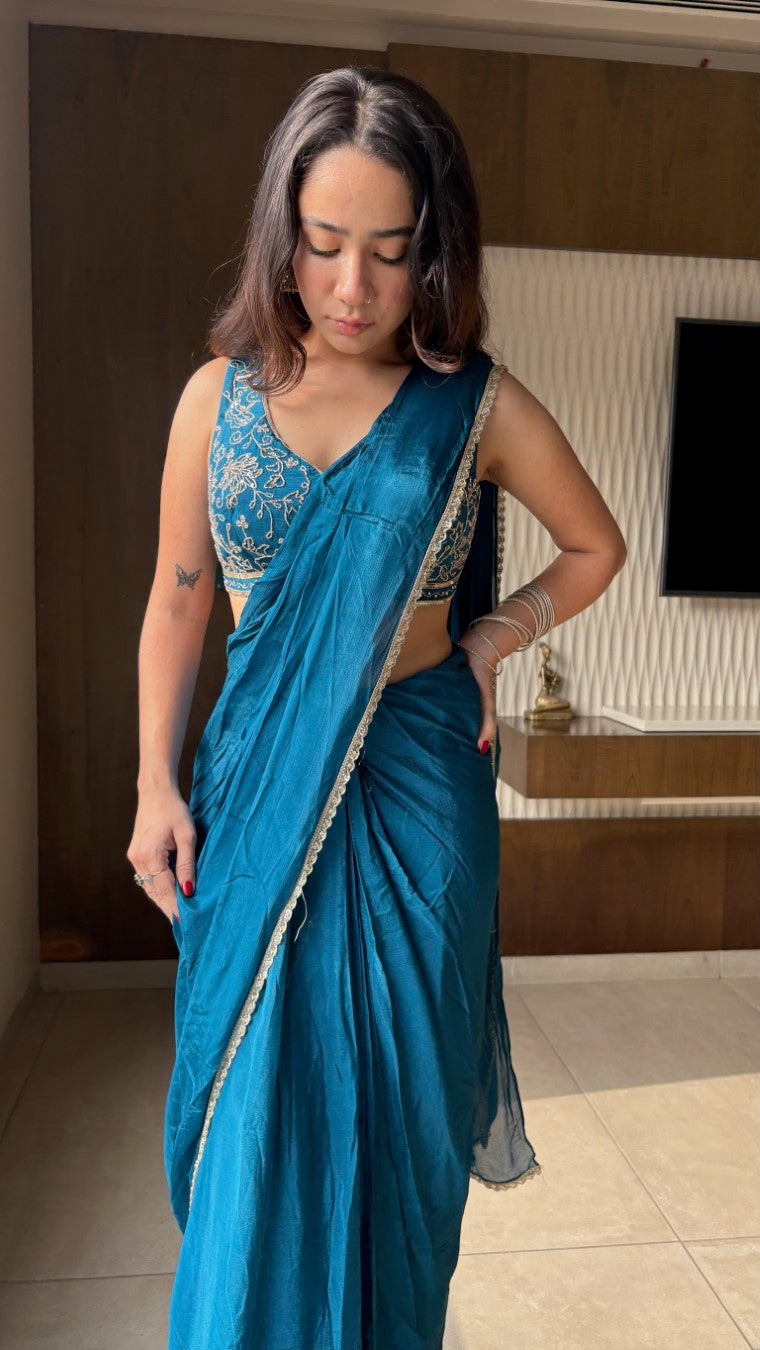 Blue ready to Wear Saree with Hand embroidered Designer Blouse | Slim Border Saree