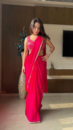 Rani Pink ready to Wear Saree with Hand embroidered Designer Blouse | Slim Border Saree