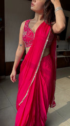 Rani Pink ready to Wear Saree with Hand embroidered Designer Blouse | Slim Border Saree