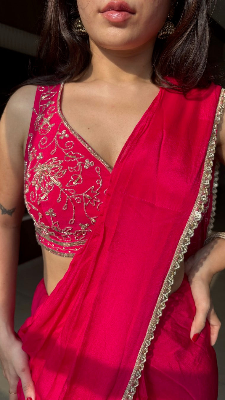 Rani Pink ready to Wear Saree with Hand embroidered Designer Blouse | Slim Border Saree
