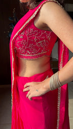 Rani Pink ready to Wear Saree with Hand embroidered Designer Blouse | Slim Border Saree