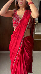 Red ready to Wear Saree with Hand embroidered Designer Blouse | Slim Border Saree
