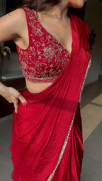 Red ready to Wear Saree with Hand embroidered Designer Blouse | Slim Border Saree