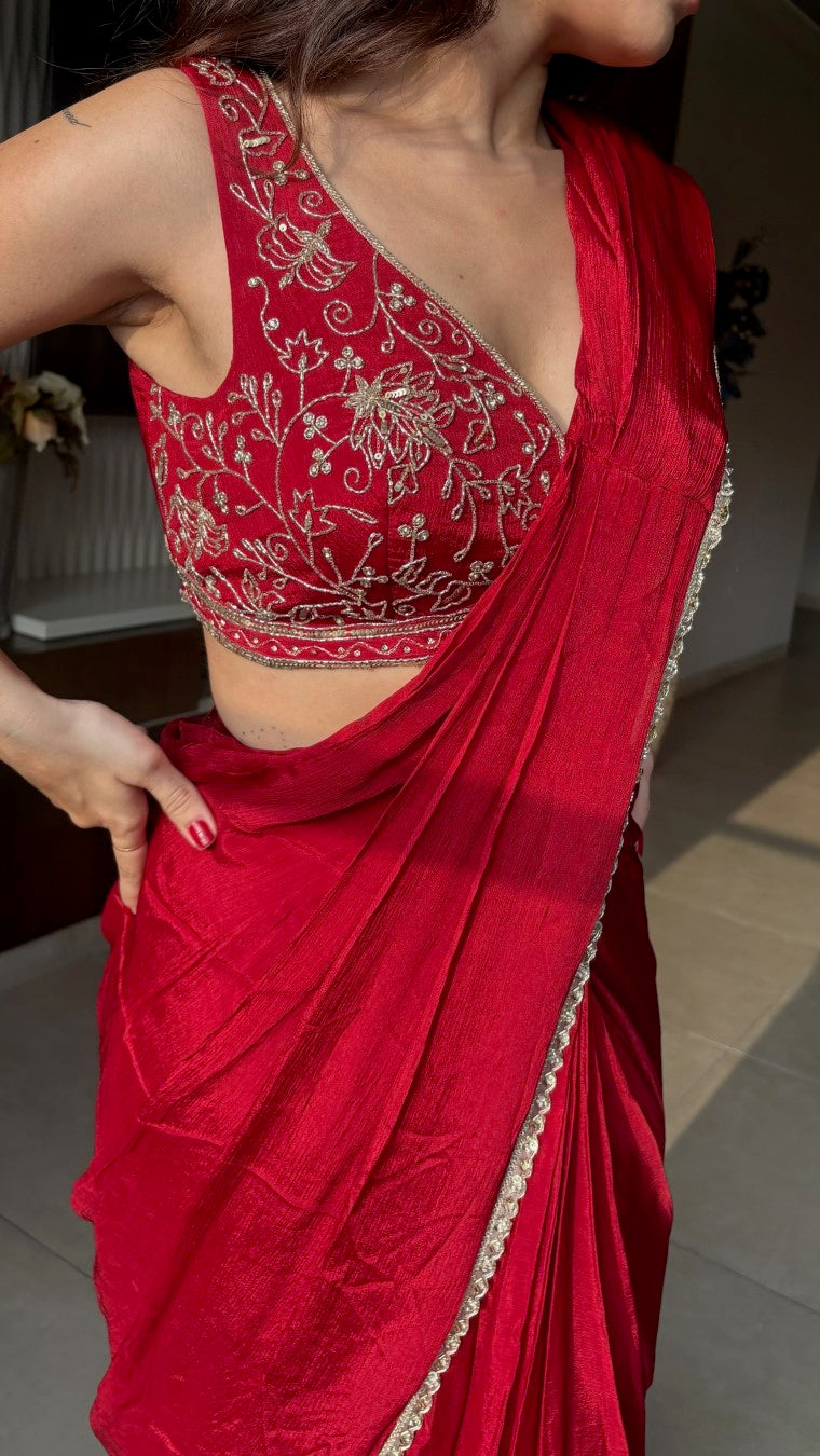 Red ready to Wear Saree with Hand embroidered Designer Blouse | Slim Border Saree