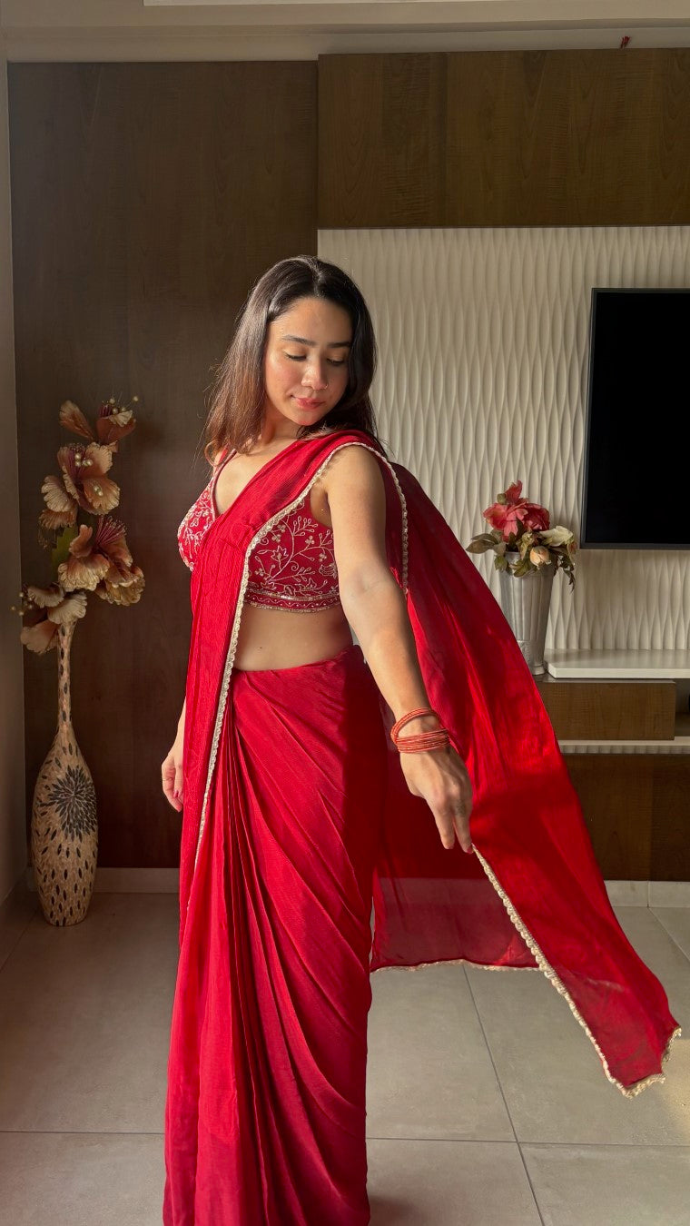 Red ready to Wear Saree with Hand embroidered Designer Blouse | Slim Border Saree