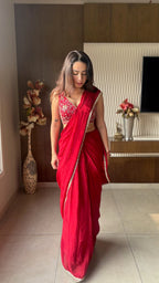 Red ready to Wear Saree with Hand embroidered Designer Blouse | Slim Border Saree