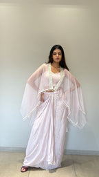 Baby Pink Poncho Cape Pleated Skirt Set
