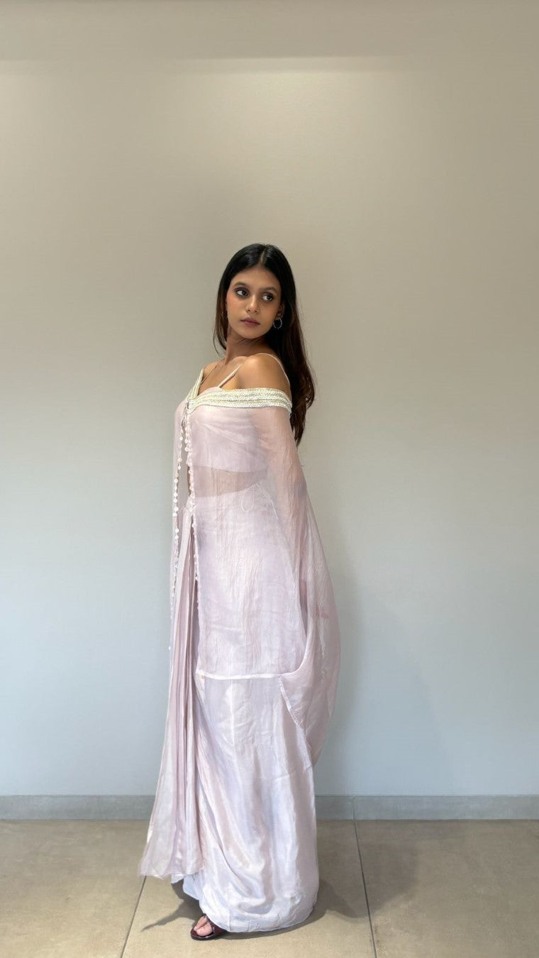 Baby Pink Poncho Cape Pleated Skirt Set