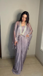 Lilac Poncho Cape Pleated Skirt Set