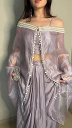 Lilac Poncho Cape Pleated Skirt Set