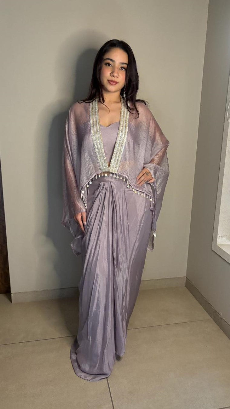 Lilac Poncho Cape Pleated Skirt Set