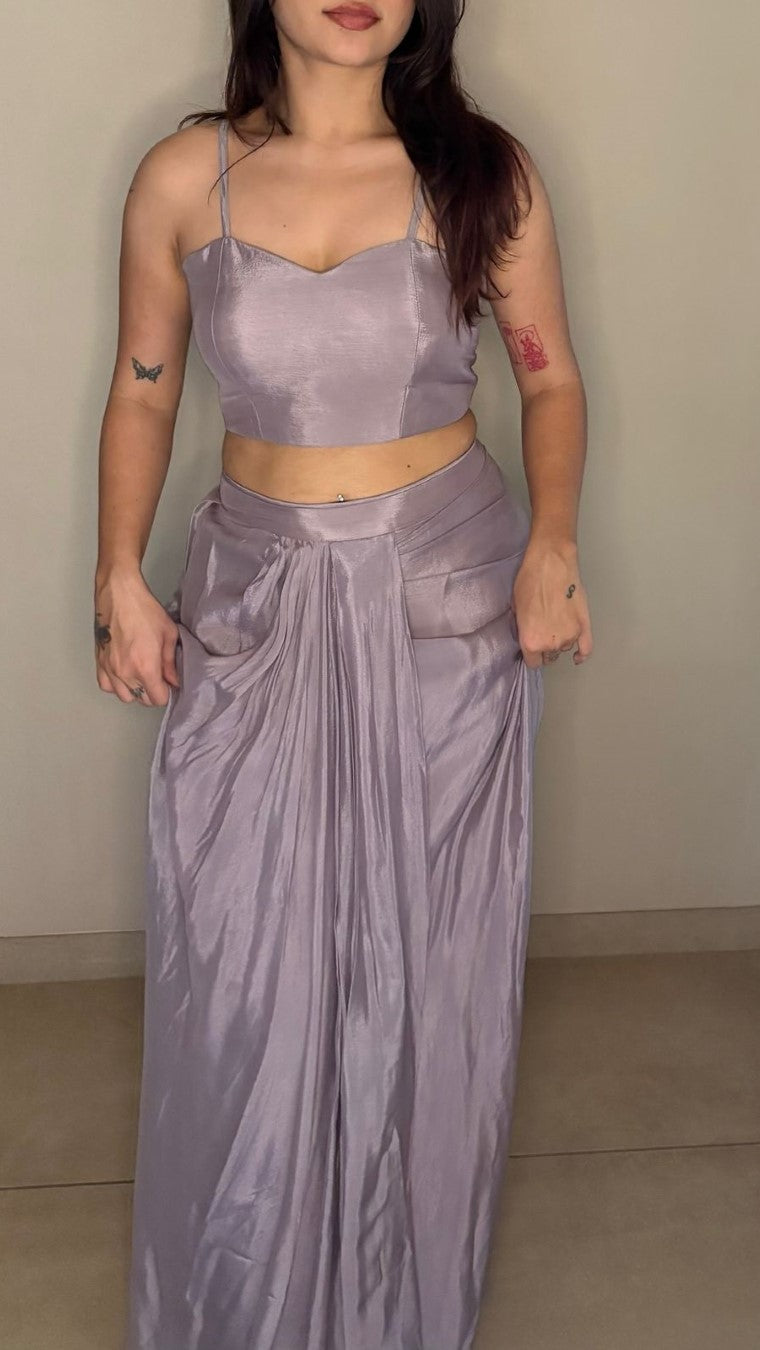 Lilac Poncho Cape Pleated Skirt Set