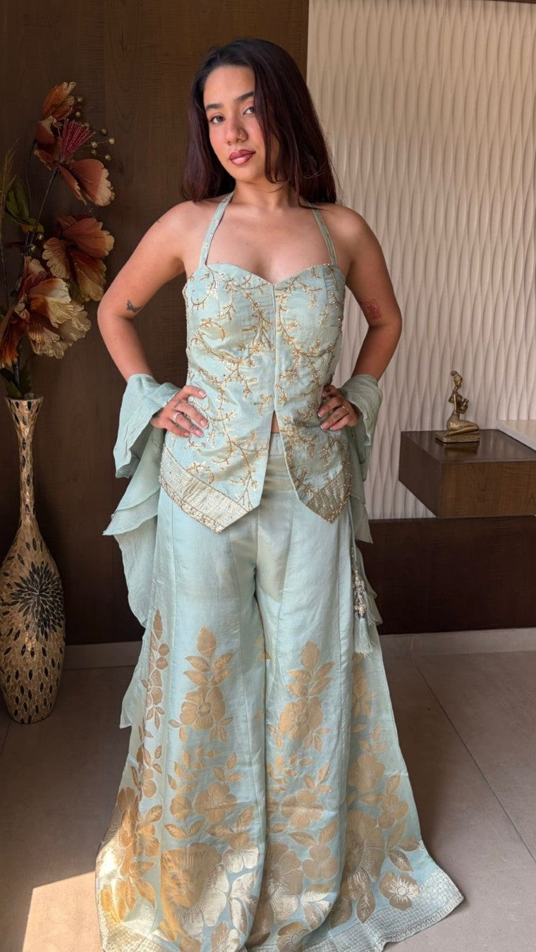 Malai Pastel Green Halter Choli Palazzo Set