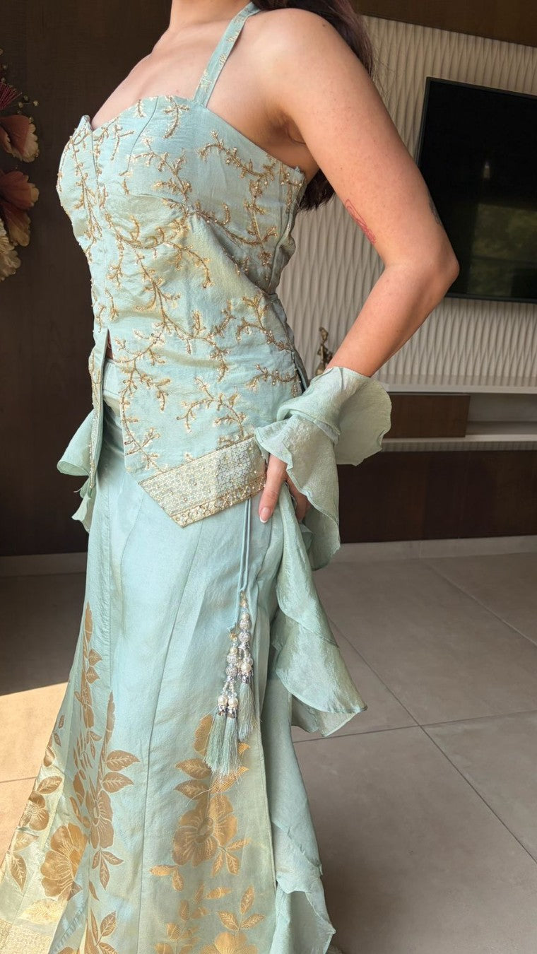 Malai Pastel Green Halter Choli Palazzo Set