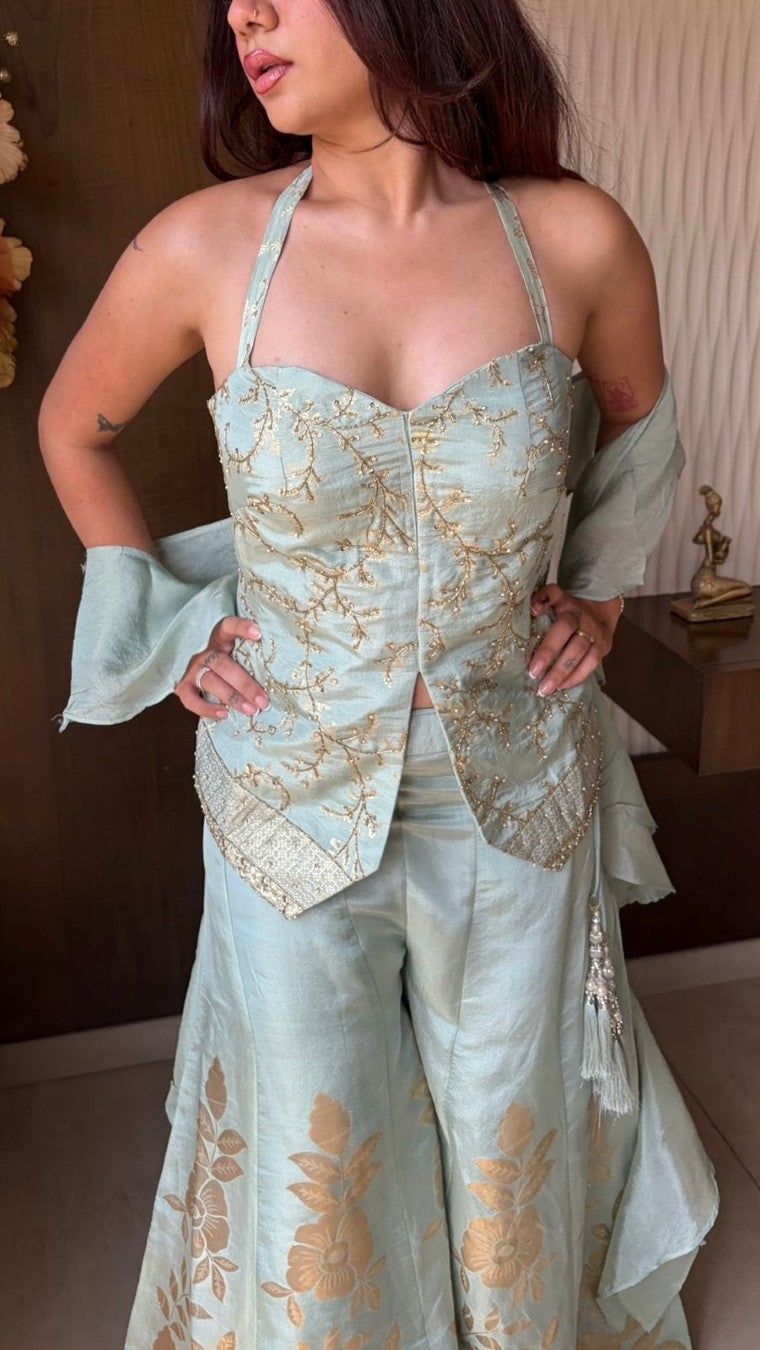 Malai Pastel Green Halter Choli Palazzo Set