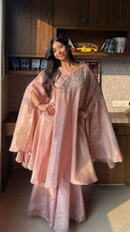 Peach Crape tissue Poncho top, choli set