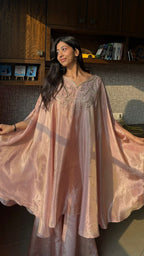 Peach Crape tissue Poncho top, choli set