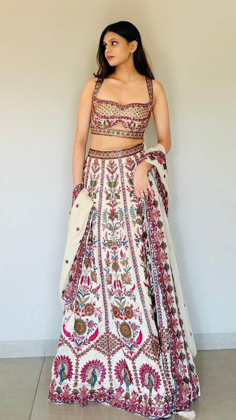 Cream Peacock Lehenga Choli