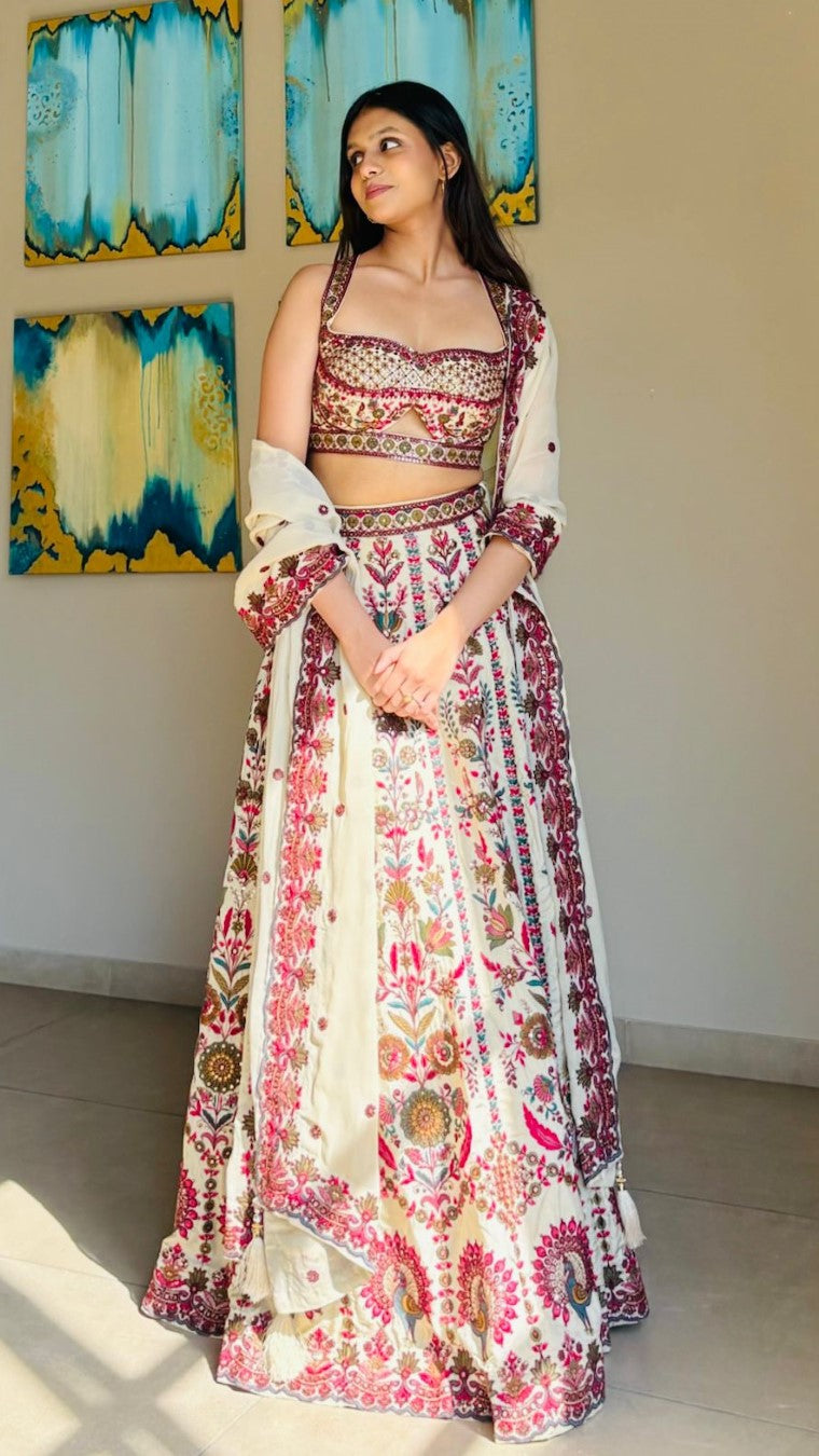 Cream Peacock Lehenga Choli