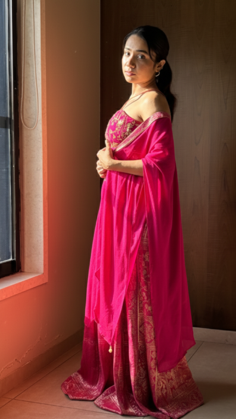 Rani pink banarasi corset palazzo set with chinon cape | Co-ord Set