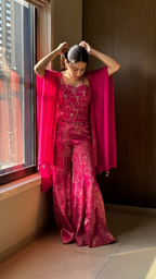 Rani pink banarasi corset palazzo set with chinon cape | Co-ord Set