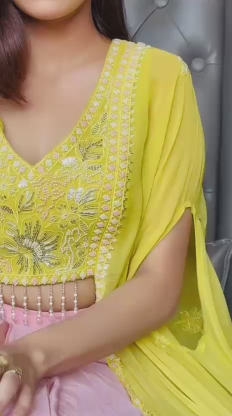 Yellow Extended Cape Choli Set